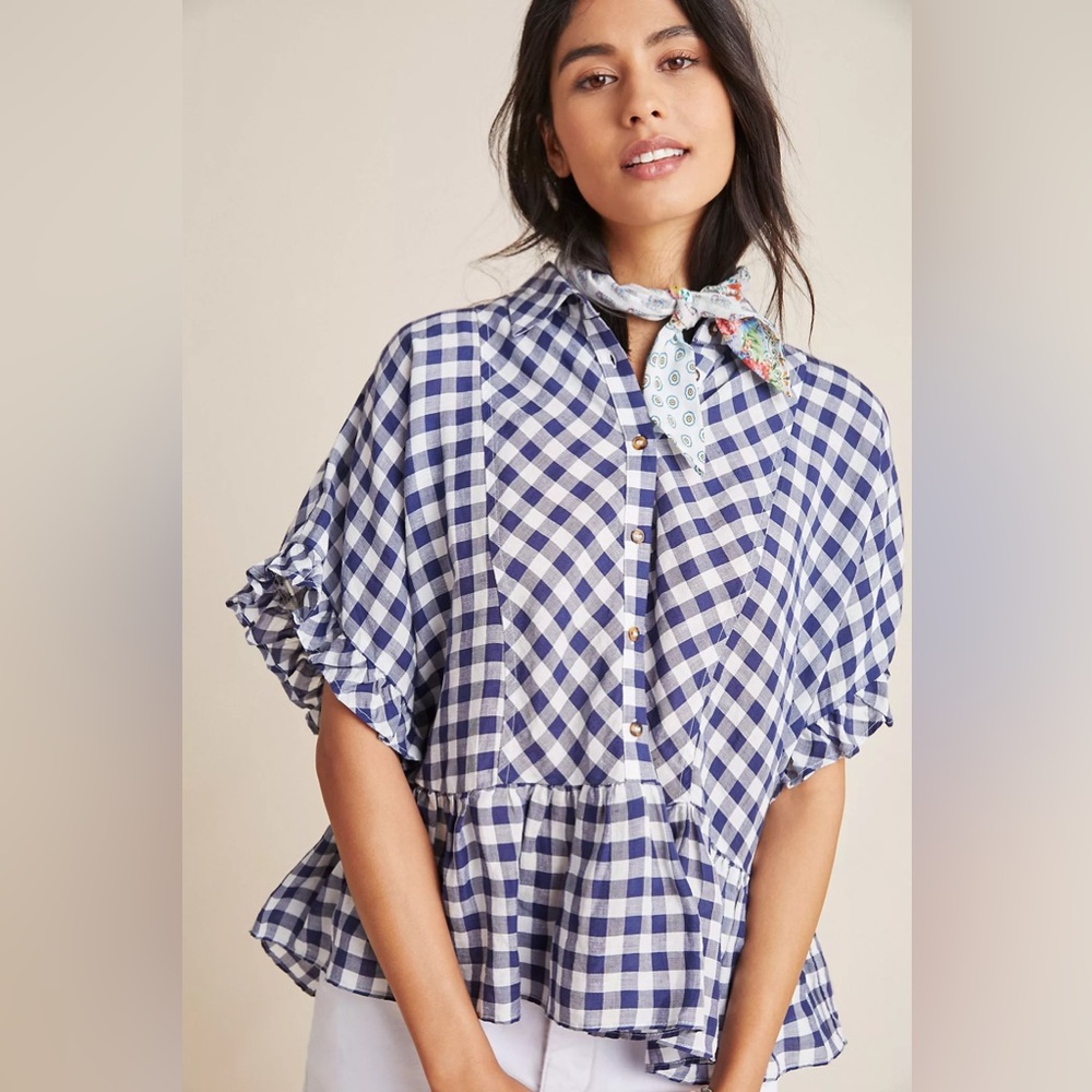 MAEVE ANTHROPOLOGIE FLOUNCED GINGHAM BLOUSE